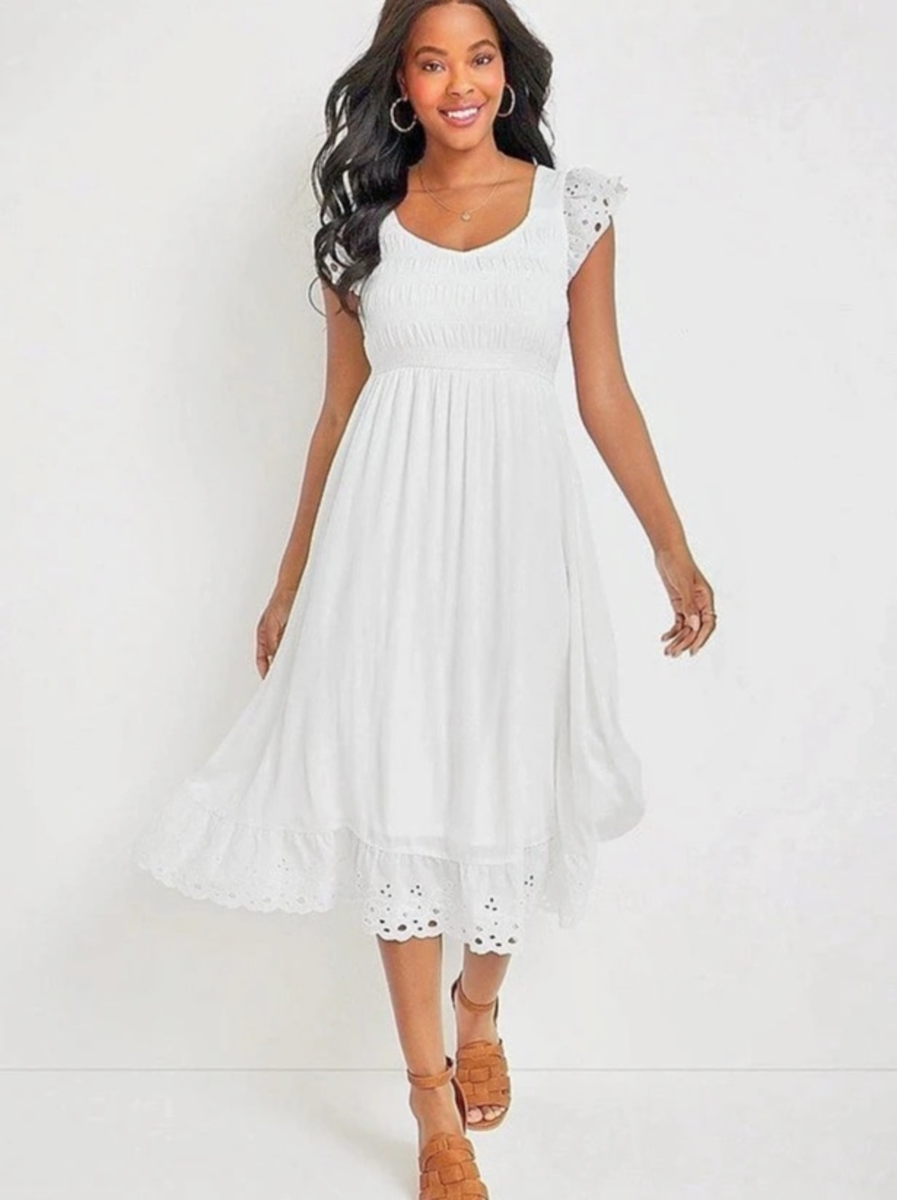 Maurices Smocked Flutter Sleeve Eyelet Midi Dress White